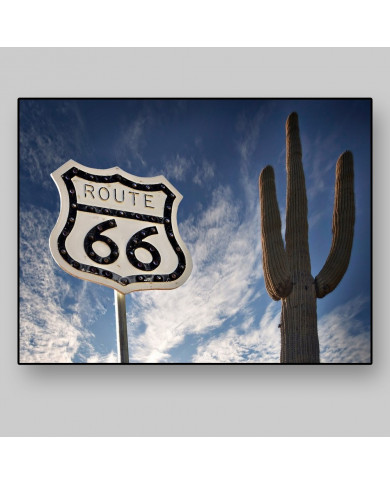 Ruta 66 con un cactus Saguaro, USA Ruta 66 con un cactus Saguaro, USA