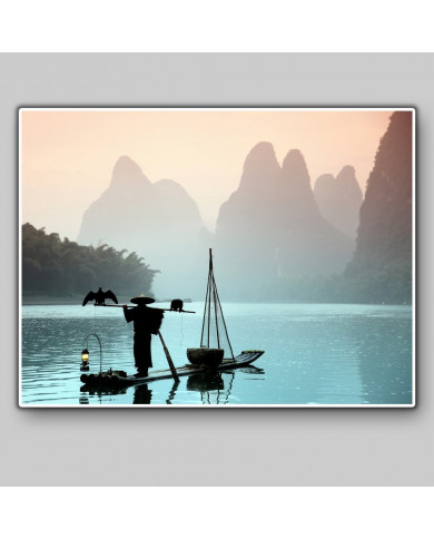 Pescador chino con un cormorán, China Pescador chino con un cormorán, China