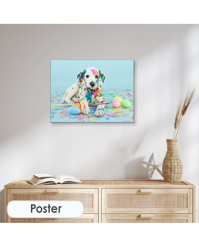 Cachorro de perro dálmata tras jugar con las pinturas