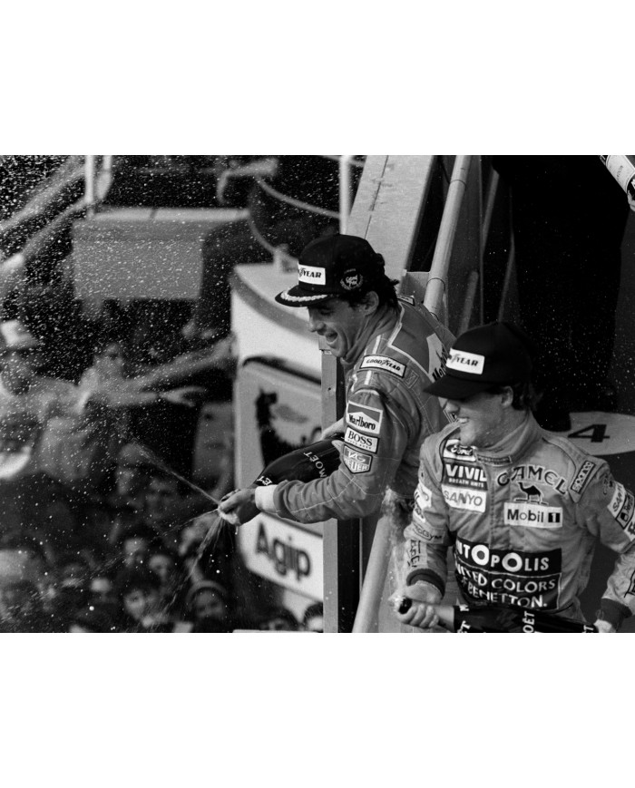 Ayrton Senna y Michael Schumacher en el podium de GP Italia, 1992