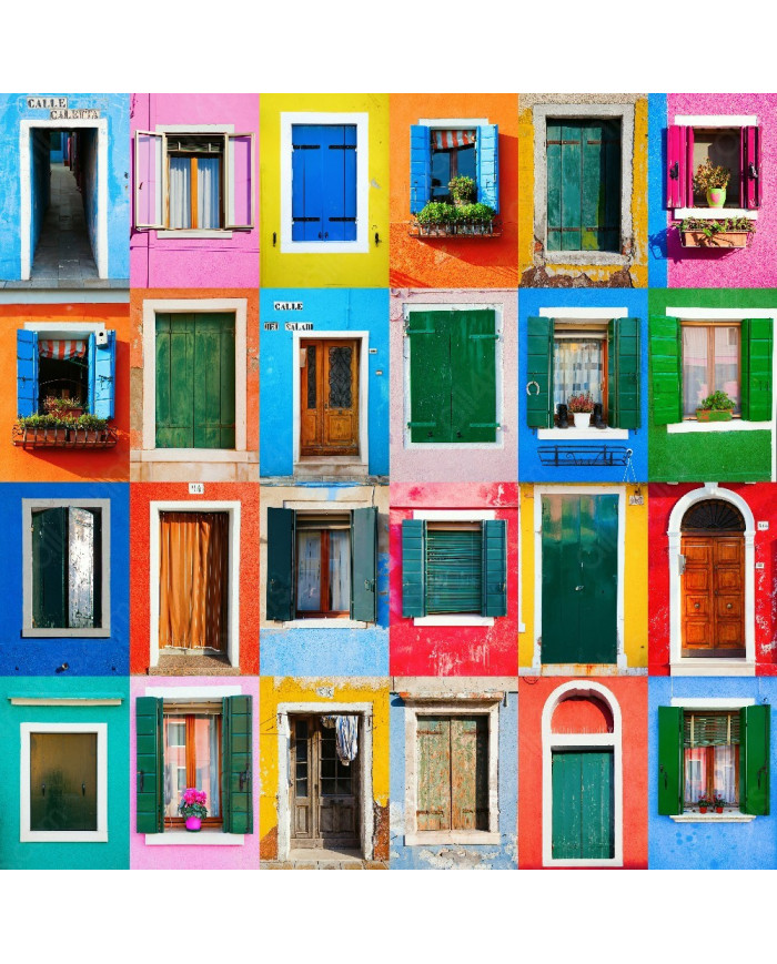 Collage of houses of Burano, Venice, Italy