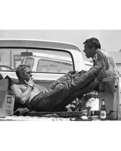 Steve Mcqueen and Bud Ekins on a break during a motorcycle race, 1963