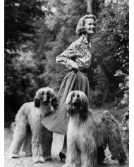 Woman with two afghans dogs,1957