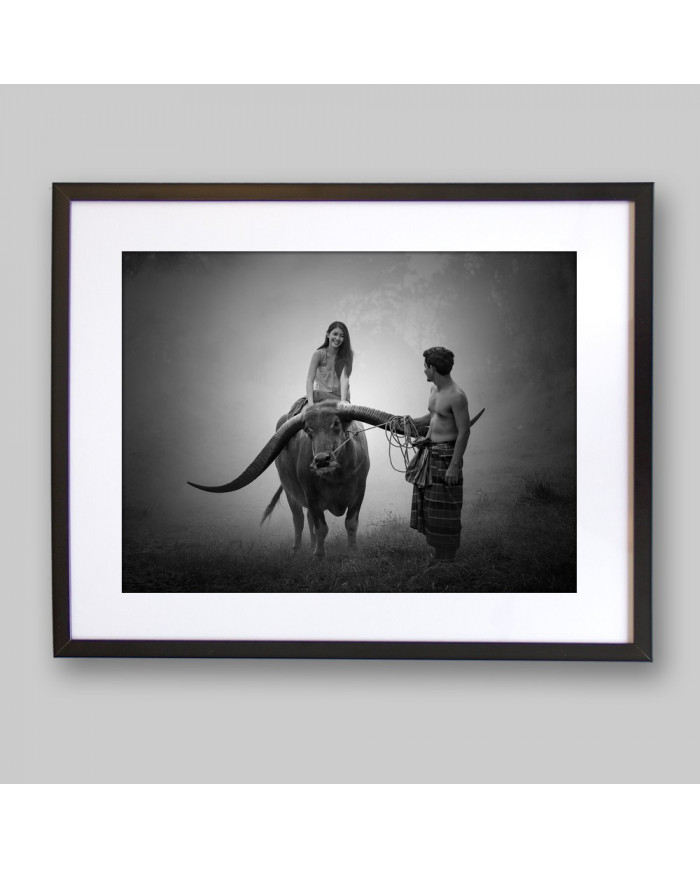 Campesina sobre un búfalo de agua, Birmania