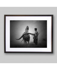 Campesina sobre un búfalo de agua, Birmania